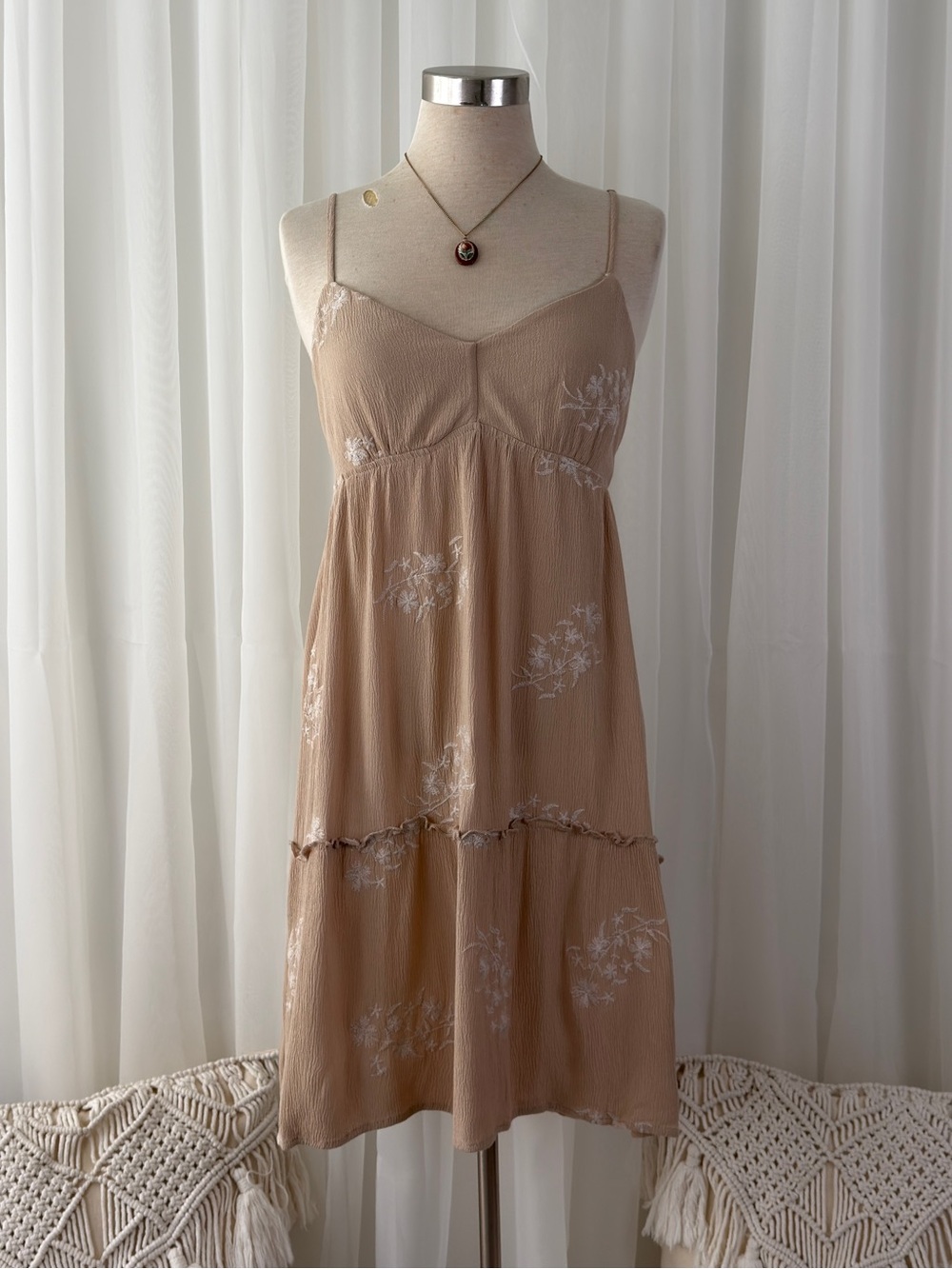 Tan Floral Embroidered Tiered Empire Waist Mini Dress Womens S Cottagecore